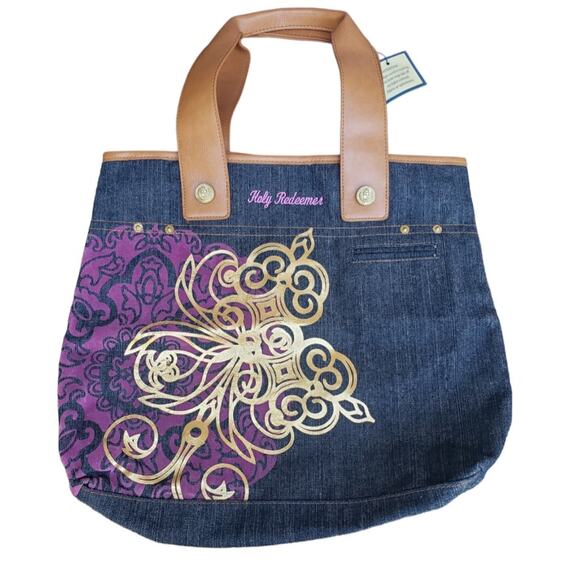 BBW Dark Denim Blue Jean Fabric w. Leather Straps Over The Shoulder Hobo Purse - Picture 1 of 6